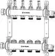 Heizkreisverteilung mit zwei Anschlussleitungen und zwei Durchflussreglern. Sichtbare Marke: IMI Hydronic Engineering. Ausführung für Heizsysteme.